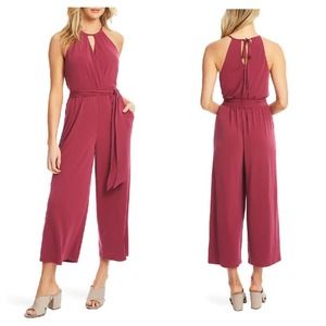 New 1. STATE Large Cropped Wide Leg Halter Jumpsuit Belted Tie Waist Berry Red
